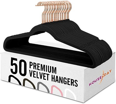 HOUSE DAY Kleiderbügel Samt 50 Stück, Kleiderbügel Platzsparend, Anzugbügel, Dünne Hosenbügel rutschfest, 360° Drehbarer Haken, Samtbügel für Kleider, Trägertops, Schwere Kleider - Schwarz