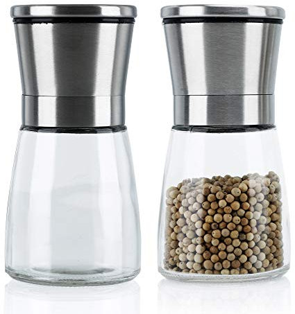 Intirilife 2X Moulins à Poivre en Argent Transparent – Set de Deux Poivrières en Verre et Acier Inoxydable pour la Cuisine – Poivrier pour Mouture et Broyage du Poivre, Sel, Herbes, Aromates