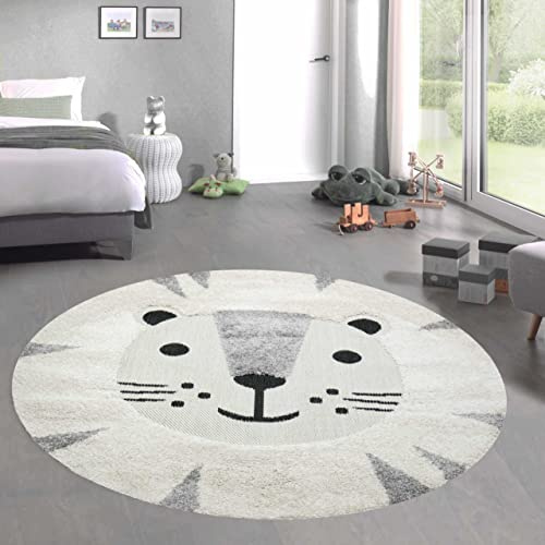 CARPETIA Unterlage Kinderzimmer Teppich „High Low“ Katzenmotiv Creme grau, 80 cm rund