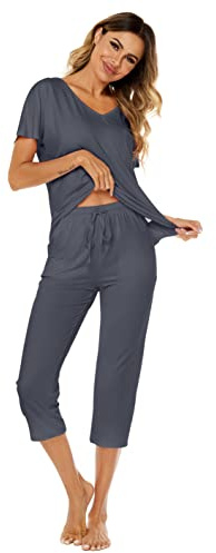 Ietaoo Pigiama Donna,Completo Sportivo Donna Tute da Ginnastica Estiva Cotone 2 Pezzi Homewear Manica Corta T Shirt+ 3/4 Pantaloni Tute Sportiva Casa Pigiama Set Grigio L