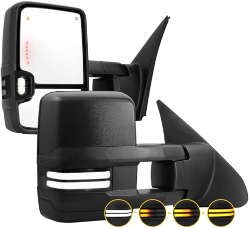 Switchback Towing Mirrors for 2007-2021 Tundra, 2008-2017 Sequoia with Dual State Light Turn Signal Power Glass Heated Arrow Running Light Blind Spot Monitoring Extendable Fold Pair Set (Black)