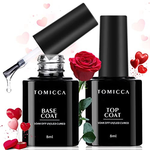 TOMICCA Gel Nail Polish Top Coat and Base Coat -2Pcs No Wipe Base and Top Coat Gel Nail Polish Set,Soak Off UV LED Gel Nail Varnish Nail Art Manicure Set Gloss Shiny Long Lasting, 16.0 millilitre