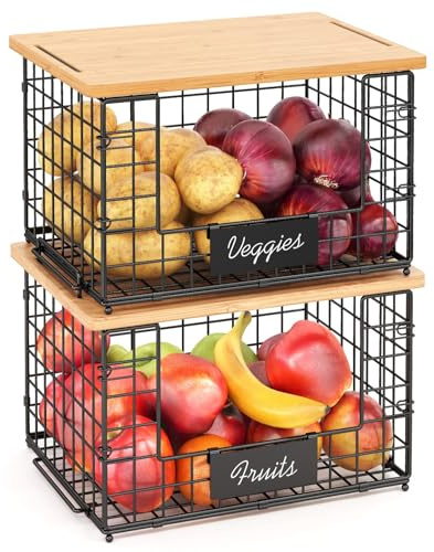 2 Pack Stackable Wire Baskets with Bamboo Top for Pantry Organizers and Storage, XXL Kitchen Organization Counter Basket for Fruit, Vegetable, Produce, Bread, Potato and Onion Storage Bins