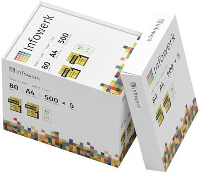 Infowerk Druckerpapier Kopierpapier 500-150000 Blatt A4 80g Premium Weiß Testsieger PEFC (2.500 Blatt)