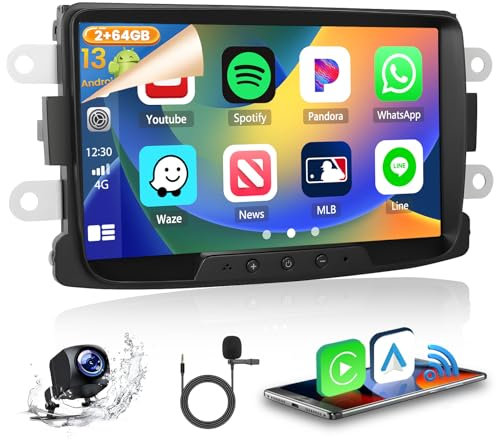 2+64GB Android 13 Autoradio pour Renault Duster Dacia Sandero Lada Logan Radio Carplay Android Auto sans Fil Poste Radio Voiture Écran Tactile 8 Bluetooth Stéréo WiFi