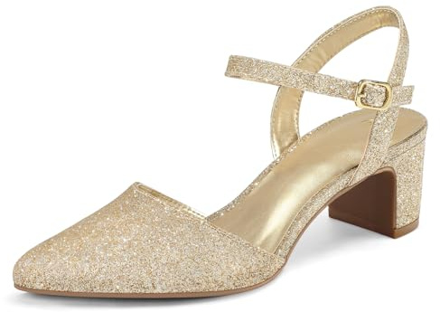mysoft Women's Pumps 2 Inch Chunky Block Heel Pointed Toe Ankle Strap Slingback Wedding Party Dress Shoes Gold Glitter