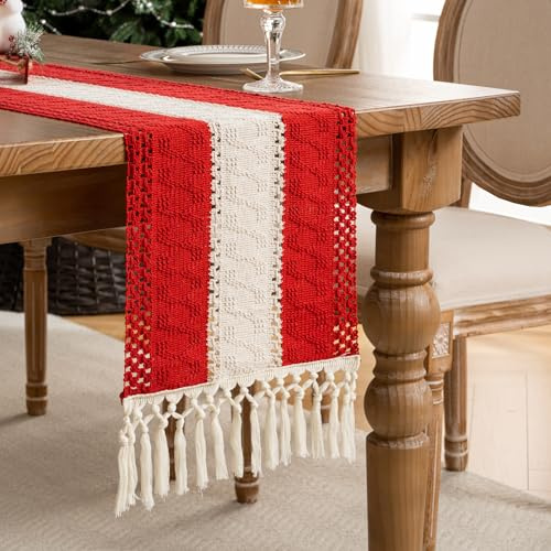 Boho bordslöpare jul röd bordslöpare med bomull och linne tofs tvättbar bohemisk höst rustik 30 x 180 för bröllop, födelsedag, fest