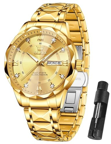 OLEVS Montre analogique pour homme en acier inoxydable - Bracelet en métal élégant avec date - Montre lumineuse étanche - Grand cadran - Cadeau pour homme, Cadran en or 5609/bracelet en or
