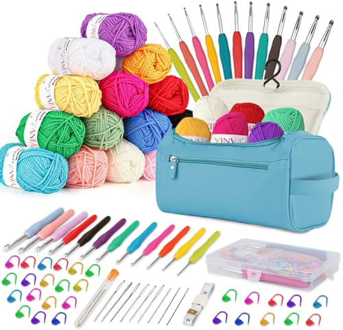 YINVA Crochet Kits for Beginners Adults Crochet Kit 15Pcsx25g Crochet Yarns Ergonomic Metal Crochet Hooks 2mm-8mm Knitting Accessories Tools Storage Case Needles Crochet Starter Kit-Light Blue