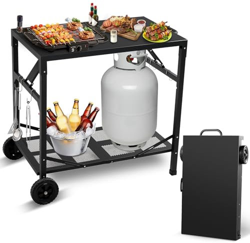 KHAMAL Foldable Pizza Oven Table - Portable Outdoor Grill Cart with Wheels, Movable Dining Cart Table for Outdoor, BBQ, Indoor, Kitchen
