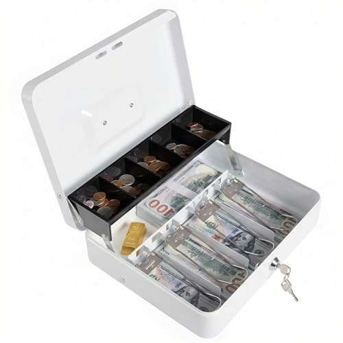 Locking Cash Box with Key Lock and Money Tray, Money Box, Lock Safe Box, Cash Money Lock Safe Box for Cash Register 11.8x9.45x3.54 (White Key)