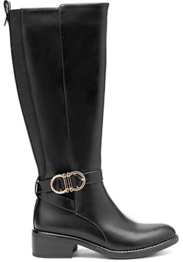 Bottes Hautes Femme Style Cavalière en Similicuir à Talon Bas. Botte Confortable avec Boucle et Panneau Extensible (68321 Noir, Système Taille Chaussures EU, Adulte, Numérique, Moyen, 39)