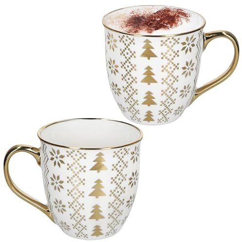 MamboCat Lot de 2 tasses Jumbo avec bord doré Sapin I 450 ml I Tasses en faïence blanches et dorées I Ensemble de tasses d'hiver pour 2 personnes I pour café, thé, vin chaud et autres boissons chaudes