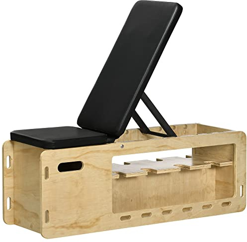 HOMCOM Panca Palestra con Schienale Regolabile a 6 Livelli, Panca Addominali Multifunzione Inclinabile, con Vano Contenitore e Rack per Pesi, Bande di Resistenza, per Allenamento Casa, Color Legno