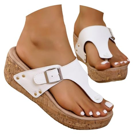 Flip Flops damer elegant läder pantoletter ortopediska tofflor espadriller för damer kilklack läder damer tåseparator, sommarskor för mors dag, platåsandaler, ventilerande strandsandaler