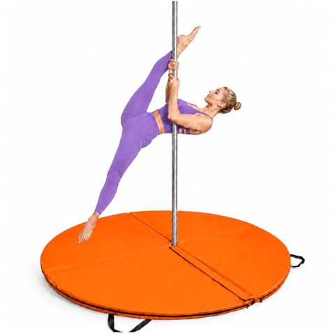 JS Ellie Vikbar matta för Pole-Dance (crash-matta), förstärkt rund matta med bärhandtag; säkerhetsmatta av PU-läder för yoga, gymnastik, hemmagym och polträning orange 180 cm/70,87 tum