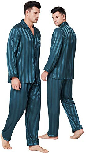 Lonxu Ensemble de Pyjama Deux pièces en Satin de Soie pour Homme - Manches Longues - Vêtements de Nuit boutonnés - Tailles S-XXXXL, Vert, XL