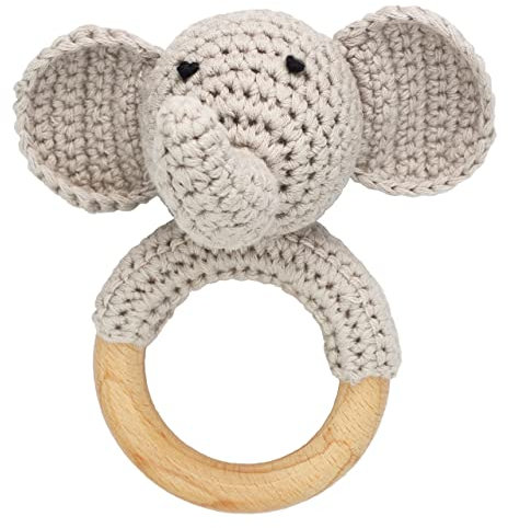 Joliecraft Waldland Holz Baby Rassel Greifling, Babyrassel Holzspielzeug Beißring für Mädchen und Junge, Geschenk zur Geburt Grauer Elefant