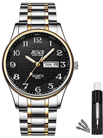BOSCK Men's 40mm Analogue Watch, stainless steel, date & day display, waterproof, anti-scratch, easy reading, business & fashion.