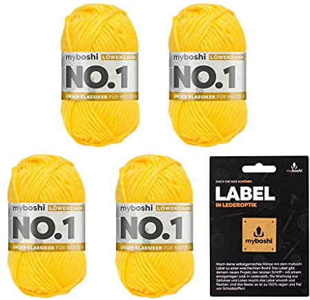 myboshi No.1 Wolle zum Häkeln und Stricken, Schnellstrickgarn, inkl. Label, Strickwolle, Häkelwolle, mulesing-frei, Ll. 55m /50g, 30% Wolle (Merinowolle) Gelb (Löwenzahn), 4 Knäuel