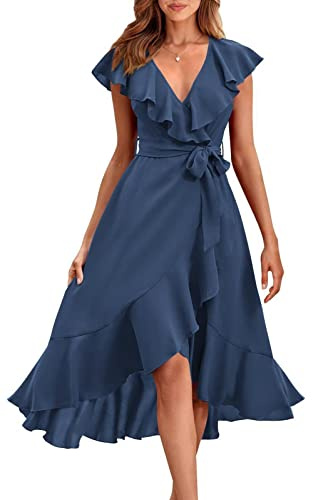 PRETTYGARDEN Tie Holiday Dresses for Women 2024 - Plain Summer Dress Wrap V Neck Short Sleeve Belted Ruffle A-Line Midi Dresses (Lake Blue,XX-Large)