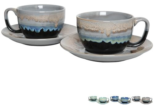 Bosmarlin Ceramic Cappuccino Cup and Saucer Set of 2, 10 Oz, Dishwasher and Microwave Safe, Coffee Cups for Latte, Espresso, Tea, Reavtive Glaze (Grey, 10 oz)