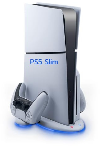 Wigearss PS5 Slim Kühler Standfuß mit Dual Controller Ladegerät, PS5 Controller Ladestation Standfuß mit Lüfter für PS5 Slim, Nicht für PS5/PS5 Pro