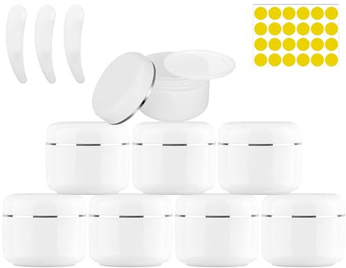 Cremedose Leer Tiegel, 8 Stück Plastik Döschen mit Silberband 50 g, Weiß Kunststoff Schraubdose, Reise Töpfchen Döschen Set mit Spatel für Make-up Cremes Lotionen