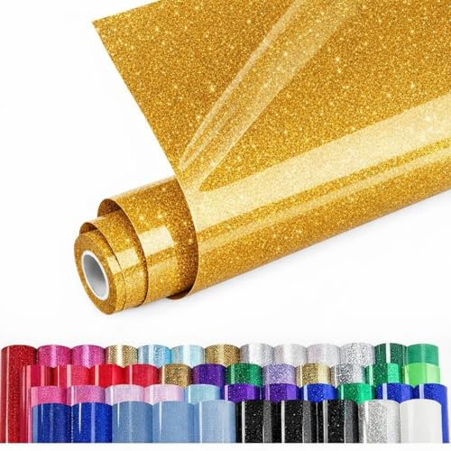 Glitter Heat Transfer Vinyl, 12 x 5ft Glitter Gold HTV Vinyl Roll, PET Backing HTV for T-Shirts, Clothes, Hats, Bags and DIY Craft(Glitter Gold, 12 x5ft)