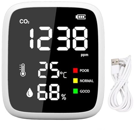 Candeon Compteur de CO2, 3 en 1 Moniteur de qualité de l'Air Détecteur de CO2, Température, Humidité, 400-5000 PPM Indicateur CO2 Moniteur de Dioxyde de Carbone pour Maison,Bureau, Ecole,Voiture