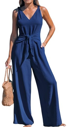 CUPSHE Women's Jumpsuit V Neck Sleeveless Belted Wide Leg Knot Straps Summer Beach Overall Navy Blue M