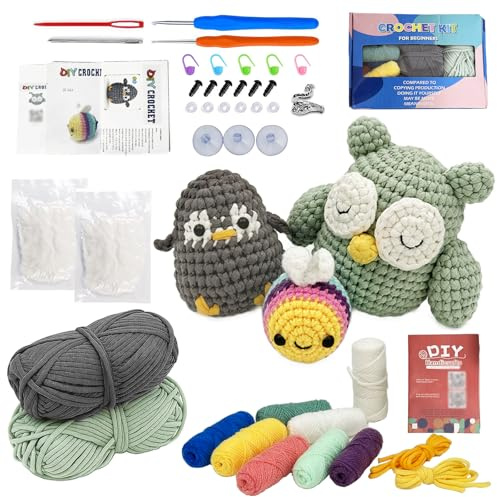 Animales Agujas Crochet Kit Bricolaje, DIY Crochet Kit Principiantes, Juego de Ganchillo para Principiantes con Video Tutorial e Instrucciones Paso a Paso, Ideal para Regalo(Pingüinos, Abejas, Búhos)