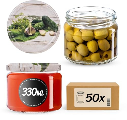 KADAX Barattoli per marmellata da 330 ml con tappo a vite fi82 mm, per marmellate, miele e confetture, barattoli in vetro, barattoli con coperchio (sottaceti, 50 pezzi)