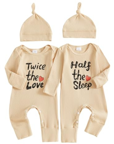 Unisex Newborn Baby Grow Boy Girl Romper Letter Heart Print Long Sleeve Ribbed Jumpsuit Hat Twins Overalls Coming Home Outfit Autumn Clothes (Khaki, Newborn)