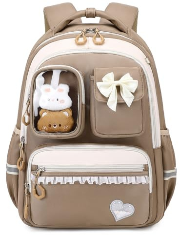 Amythe Sac à Dos pour Filles, Cartable Fille Respirant et Confortable, 22L | Sac d'école Primaire College Tendance avec Bandes Réfléchissantes, CE1 à la 6ème, Marron