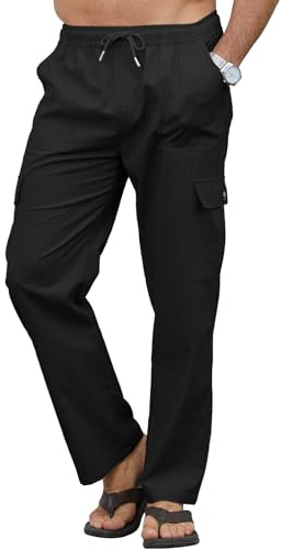 Aisprts Pantaloni Cargo Uomo Estivi in Lino Pantaloni Uomo Estivi Leggeri con Tasche Laterali e Vita Elastico, Comodi e Versatili per Estate e Viaggi, Nero, M