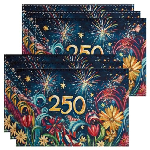 Set di 6 tovagliette con motivo fuochi d'artificio, motivo floreale vivace e stellato, per tavolo da pranzo, antiscivolo, lavabili, per interni ed esterni, cucina, feste