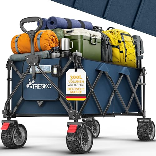 TRESKO® Carro plegable 300L con freno | Carro de mano plegable 150kg incl. neumáticos de goma completa | Carro de playa plegable de ancho extra con ruedas todo terreno | Carro de transporte con bolsa