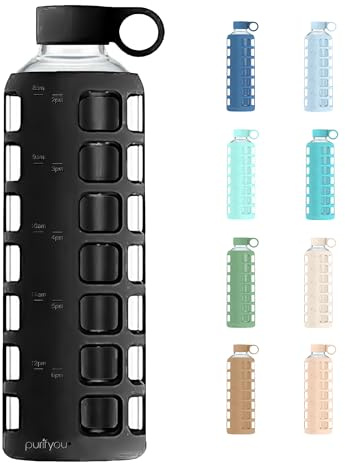 purifyou Premium Glass Water Bottles 40/32/34/12oz with Volume and Drinking Time, Silicone Sleeve and Stainless Steel Lid, Reusable Fridge Water Bottle for Refrigerator, Water, Milk, Juice (Black)