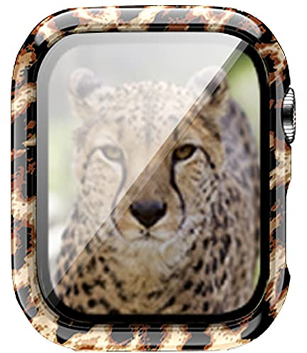 Kompatibel für Apple Watch Series 9 8 7 45mm 41mm Hard PC Leopard Hülle mit gehärtetem Glas Smartwatch Displayschutzfolie Vollständige Schutzhülle für Frauen Mann (41mm, Leopard)