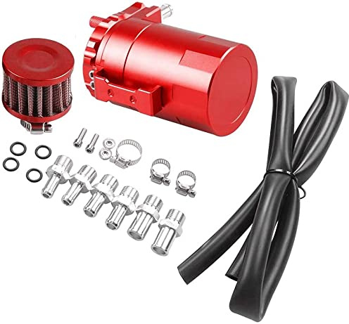 Oil Catch Can Auto, 300ml Réservoir pour Véhicule en Aluminium, Universel Bidon d'Huile Voiture avec Filtre à Air, 2 Ports, Tuyau et kit d'Accessoires(Red)