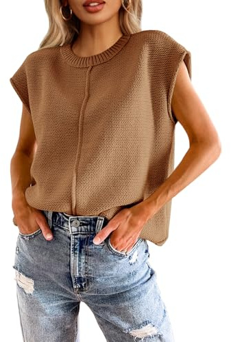 Saodimallsu Womens Summer Cap Sleeve Tops Casual Crew Neck Loose Fit Knit Lightweight Sweater Pullover Top Coffee