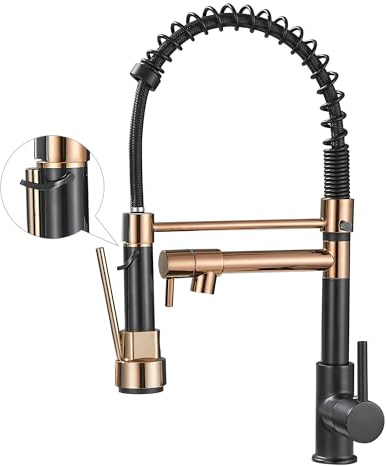 Grifo de cocina con rociador extraíble de arco alto, maneta única, grifo de muelle para fregadero de cocina, negro oro rosa