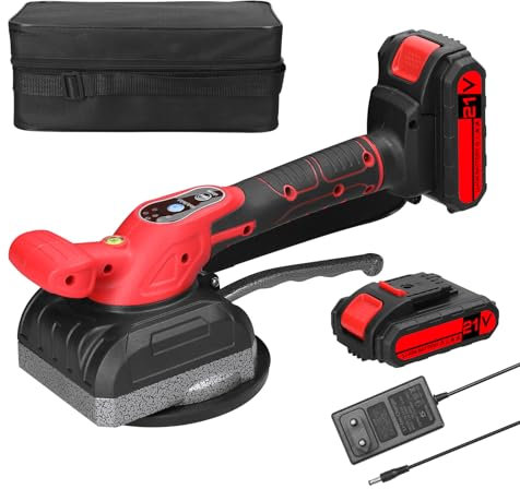 Mulcort Vibratoria para Azulejos, Máquina Vibradora de Azulejos de 21 V con Batería de 2 * 1300 mAh, 5 Marchas Ajustables, Herramientas de Utilidad del Hogar con Ventosa Agrandada