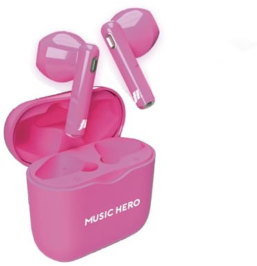Music Hero cuffiette auricolari wireless, colorazione fluo, tecnologia True Wireless Stereo (TWS), custodia di ricarica da 180 mAh, controlli touch, microfono integrato, semi in-ear, rosa