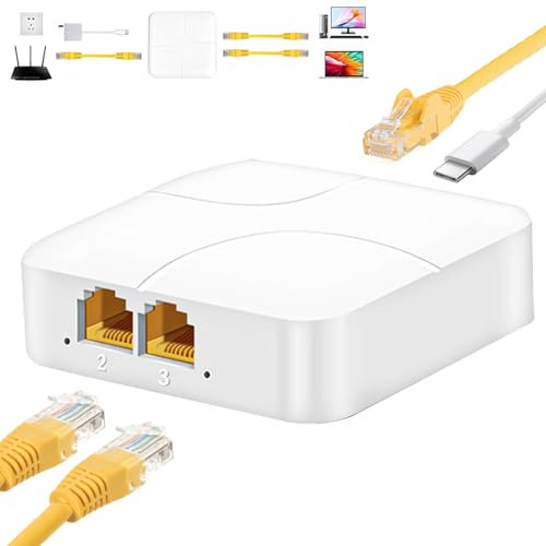 Ethernet Splitter 1 auf 2 1000 mbps High Speed nternet solitter LAN 2 Port Giaabit Netzwerk Switch mit USB Stromkabel, 2Gerate Gleichzeitig Vernetzen, RJ45 Anschliisse fur Cat5/5e/6/7/8 Kabel, WeiB