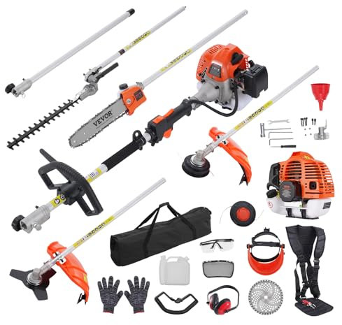 VEVOR 52CC 6-in-1 Multifunktions-Heckentrimmer, Benzin-Heckenschere, Unkrautvernichter, Fadentrimmer, Freischneider, Kantenschneider, Hochentaster, Kettensäge, Astsäge mit Verlängerungsstange
