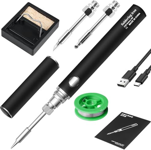 Juego de soldador, batería USB, soldador con 3 temperaturas ajustables 330 ℃ – 450 ℃, 3 puntas de soldadura, juego de soldadura portátil, soldador de batería, soporte de soldador, calentamiento