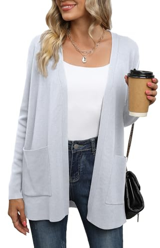 Yommay - Cardigan da donna, elegante, leggero, casual, autunnale, a maniche lunghe, con tasche, grigio chiaro, XXL