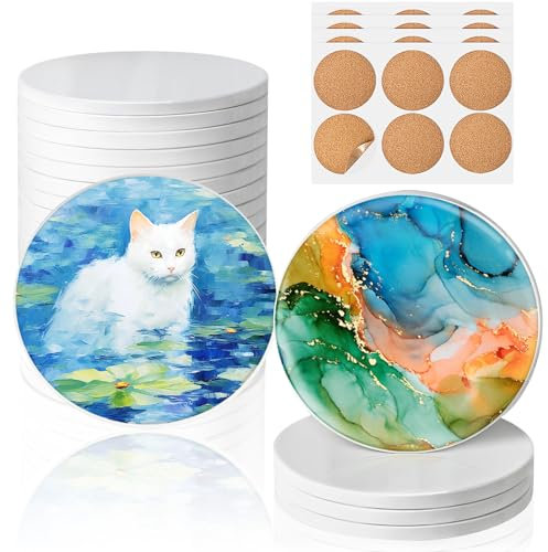 Sublimation Coasters, GOH DODD 24 Pack Ceramic Tiles for Crafts Glossy Glazed White Blanks with 24 Cork Backings for Alcohol Ink, Painting, Heat Transfer, Housewarming Gifts Wedding, Round, 4 Inch